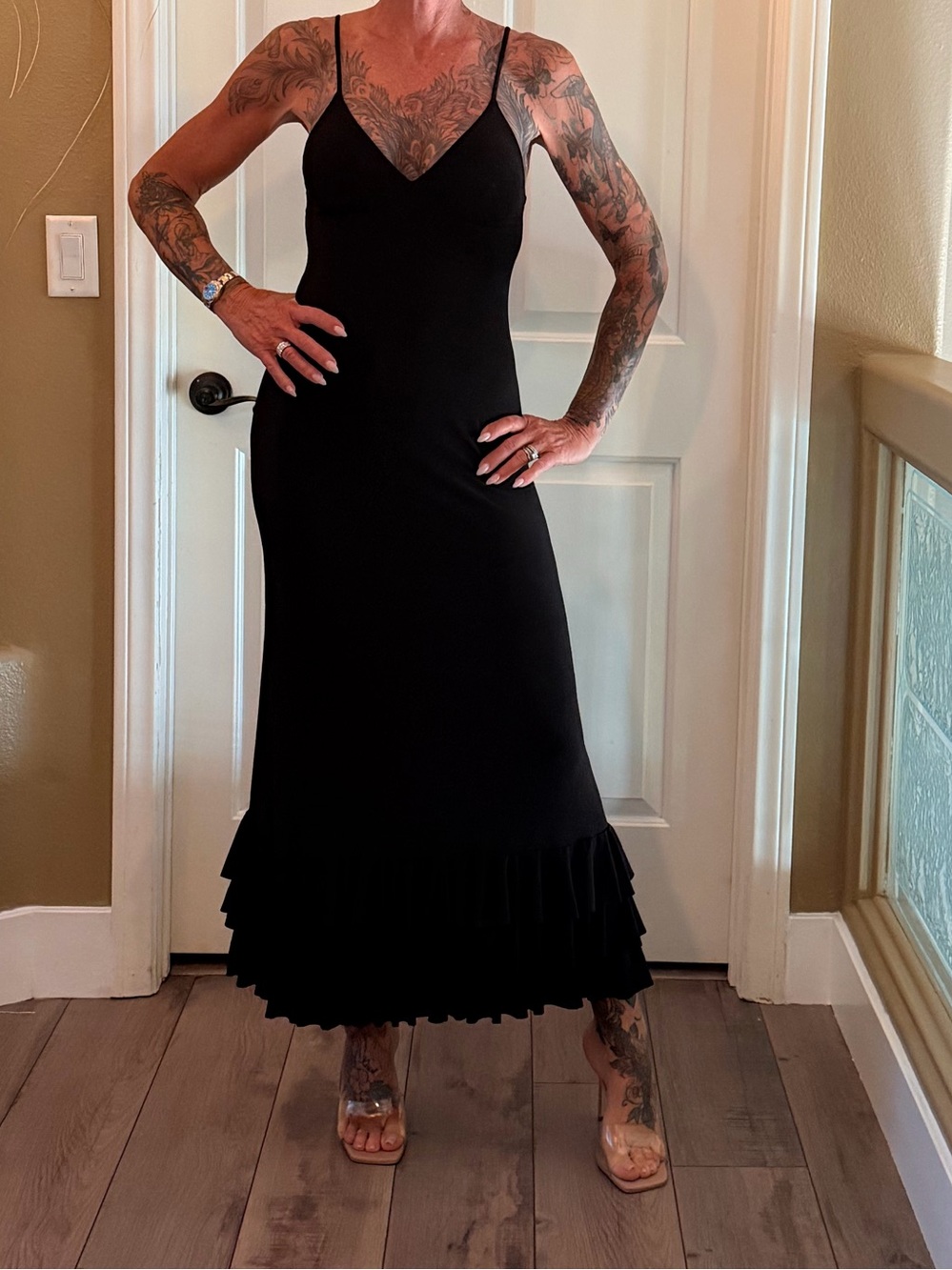 Norma Kamali Classic Black Spaghetti Strap ruffle  midi Dress
